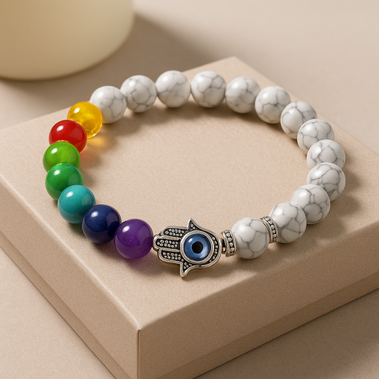 Seven Chakra Healing Bracelet with Hamsa Charm
